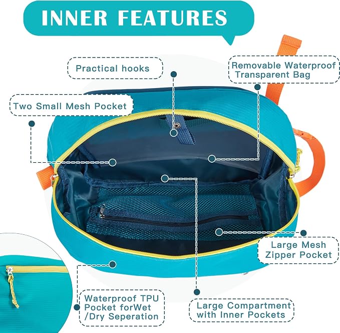 Waterproof Makeup Bag For Women Girls Men,Two-Tone Colorblock Travel Toiletry Bag With Wet Pocket & Removable Transparent Bag, 8L Large Capacity Lightweight Vacation Essentials (Light Blue+Dark Blue) - Image 5
