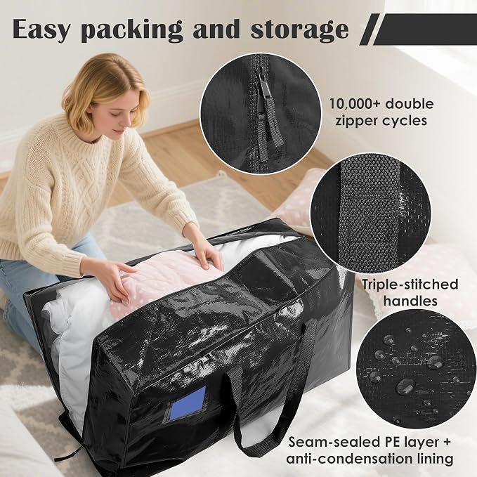 6 Pack Moving Bags with Full-Open Side Zipper, Extra Large 93L Heavy Duty Waterproof Foldable Storage Totes for College Dorm, Moving & Home Organization Black - Image 3