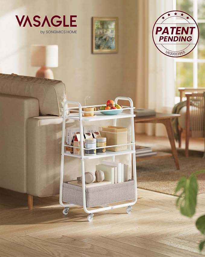 VASAGLE Storage Cart with Fabric Basket, 3-Tier Rolling Utility Cart | Cart with Wheels and Shelves, for Living Room, Bedroom, Kitchen, Cloud White, LILEA Collection ULRC001WB01 - Image 2