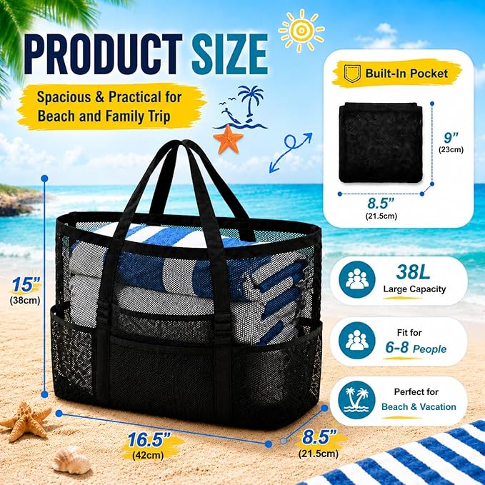 SRISE Mesh Beach Bag - Large Beach Tote Bag for Family Beach Bag for Toys & Vacation Essentials - Image 3