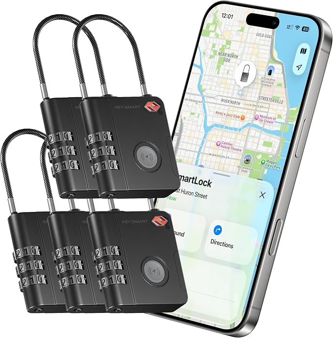KeySmart SmartLock Tracking Luggage Locks, TSA Locks for Luggage, GPS Tracker, Combination Lock Compatible with Apple Find My App, Best Travel Essentials, Replaceable Non-Rechargeable Battery (5 Pack) by KeySmart