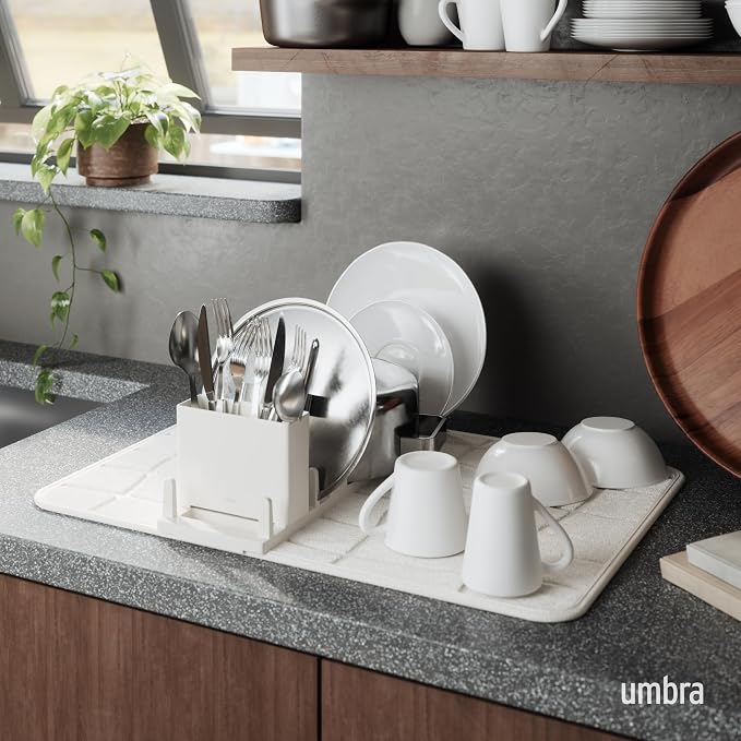 Umbra Udry Dish Drying Rack with Microfiber Mat, Foldable Drainer, Sand | Machine washable, protects countertops, utensil holder, compact space saving design - Image 2