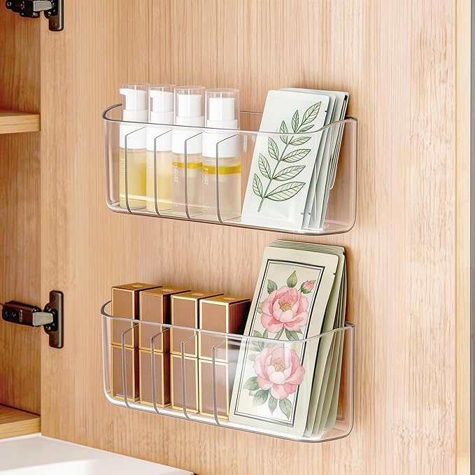 PAVSTINE 2 Pack Adhesive Medicine Cabinet Organizer, Clear Wall Mounted Makeup Storage Shelves for Bathroom Vanity, No Drilling Narrow Organizers for Door Cabinet, 5 Compartment by PAVSTINE