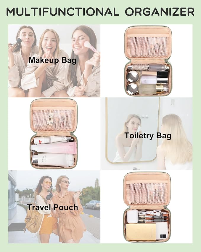 Relavel Travel Makeup Bag, Cosmetic Bag for Girls with 2 Makeup Brush Holders, Portable Makeup Pouch for Women, Cute Toiletry Bag with Double Layer Organizer - Green | Compact Makeup Pouch for Short Trip, Cute Toiletry Bag with Double Layer Organizer -... - Image 7