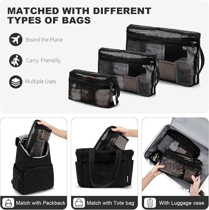 NOL 3-Pack Mesh Travel Toiletry Bags - Clear Zipper Travel Organizer, Airport Carry-On Compliant Reusable Cosmetic Makeup Bag for Women & Men (Black) - Image 3