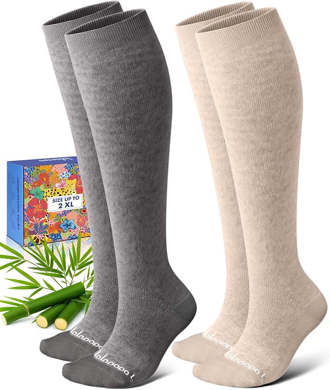 Bamboo Viscose Compression Socks for Women Men | 2 Pairs 15-20mmHg Cute Breathable Graduated Knee High Compression Socks for Nurse Pregnancy Travel by Lalapapa