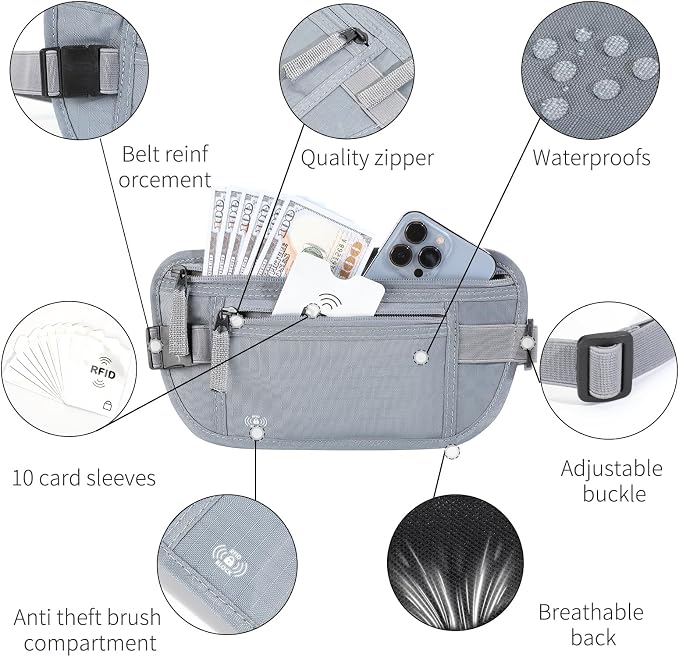 Money Belt for Travel, RFID Blocking, Hidden Money Belt, Passport Holder for Travel (Grey) - Image 4