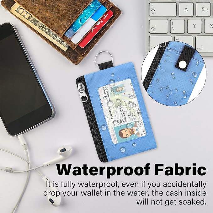 Minimalist RFID Blocking Wallet with 2 Zip Pockets and Lanyard, Water Resistant ID Case with Key Ring and Cards Badge Holder, Coin Purse Pouch for Men and Women Travel Sports -LT BU - Image 4