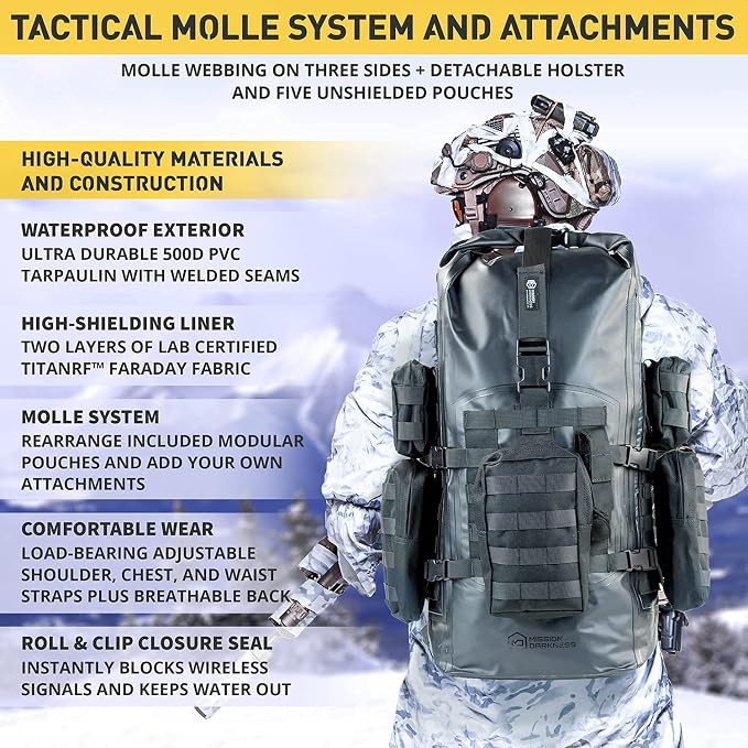 Mission Darkness Dry Shield Faraday Backpack 40L // Waterproof Tactical Bag with MOLLE Webbing and Removable Packs // Signal Blocking Anti-tracking Data Privacy EMP Shield for Electronics - Image 3