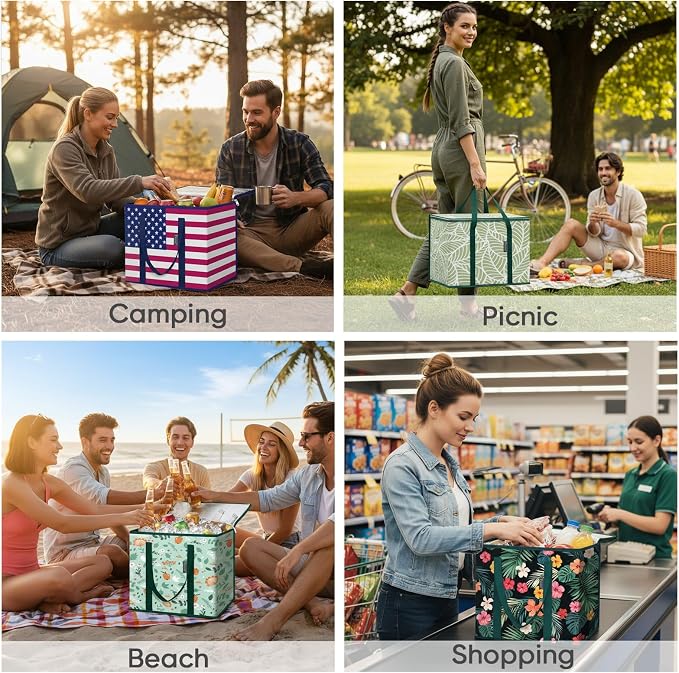 BALEINE 2Pk Insulated Reusable Grocery Bags, Collapsible Cooler Bag for Groceries, Heavy Duty Large Insulated Bag (16''x9''x13'', Antique Foliage) - Image 6