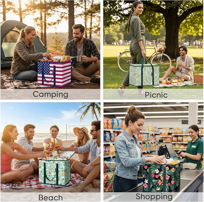 BALEINE 4Pk Insulated Reusable Grocery Bags, Collapsible Cooler Bag for Groceries, Heavy Duty Large Insulated Bag (16''x9''x13'', Blossom Season & Antique Foliage) - Image 6