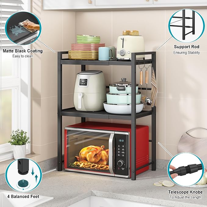 DOLALIKE Microwave Oven Rack, Expandable Microwave Stand Countertop Kitchen Utensils Tableware Storage, Carbon Steel Over Microwave Shelf Countertop with 3 Hooks | Adjustable Microwave Oven Rack Metal Storage Shelf with 3 Hooks for Pans Small Appliance... - Image 4