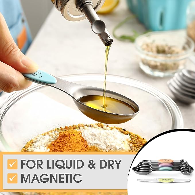 Spring Chef Stainless Steel Magnetic Measuring Spoons Set of 8, Pastel | Dual Sided Metal Teaspoon & Tablespoon Measuring Spoons with Leveler for Dry & Liquid Ingredients, Fits in Kitchen Spice Jars - Image 4