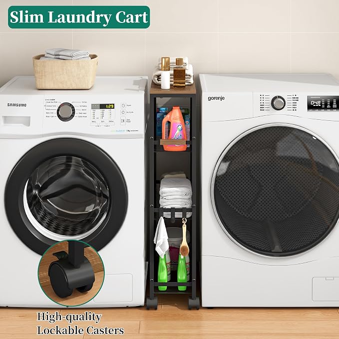 4-Tier Slim Utility Rolling Laundry Cart with Wheels, Easy to Assemble | 7.2" Wide for Narrow Spaces, Wood Top with Metal Frame, Mobile Storage Shelves for Bathroom, Kitchen, Office - Image 3
