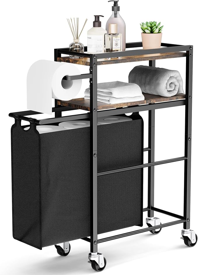Toilet Paper Holder with Storage Bag & Wheels - Freestanding Bathroom Organizer Holds 9 Rolls for Small Spaces, Essentials Storage Beside Toilet-Brown by OrganizedStorageSimpleLife