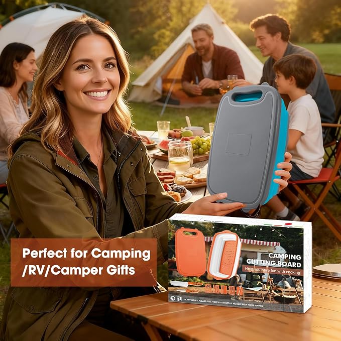 Gintan Collapsible Camping Cutting Board, 9-in-1 Chopping Board with Colander, Kitchen Vegetable Washing Basket for Camping, Camping Gifts Camping Accessories for RV Campers (Blue+Grey) - Image 2