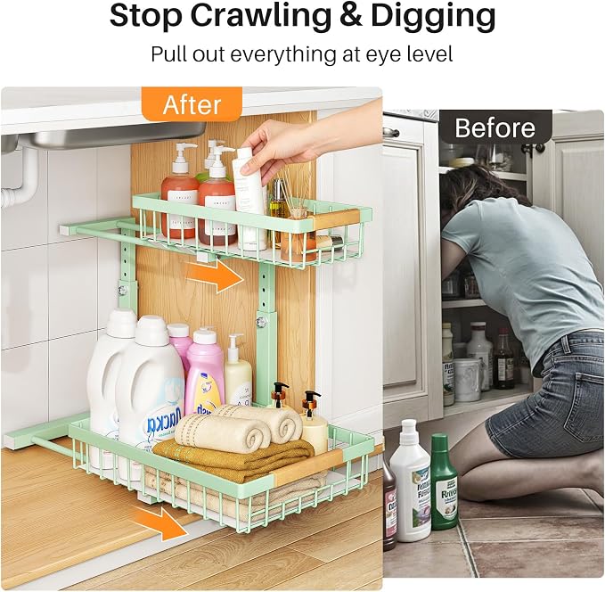 PXRACK Under Sink Organizer, Adjustable Height, 2 Tier Pull Out Under Cabinet Organizer, Slide Out Thickened Metal Under Sink Storage for Kitchen Bathroom Laundry Pantry Cabinet, Green, Large-1-Pack - Image 3