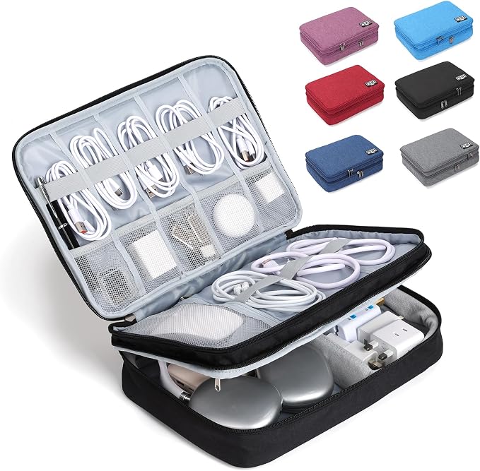 Electronic Organizer Travel Case, Double Layer Cable Organizer Bag | Double-layer design with adjustable dividers, mesh pockets and elastic loops for chargers, cables, power banks and gadgets by Unknown