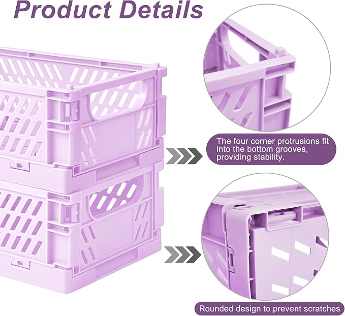 2 Pack Mini Foldable Small Plastic Baskets for Organizing and Storage，Collapsible Storage Crates,Mini Bins for Home Kitchen Bedroom Bathroom Office (Purple, Large 10x6.5x4) - Image 3