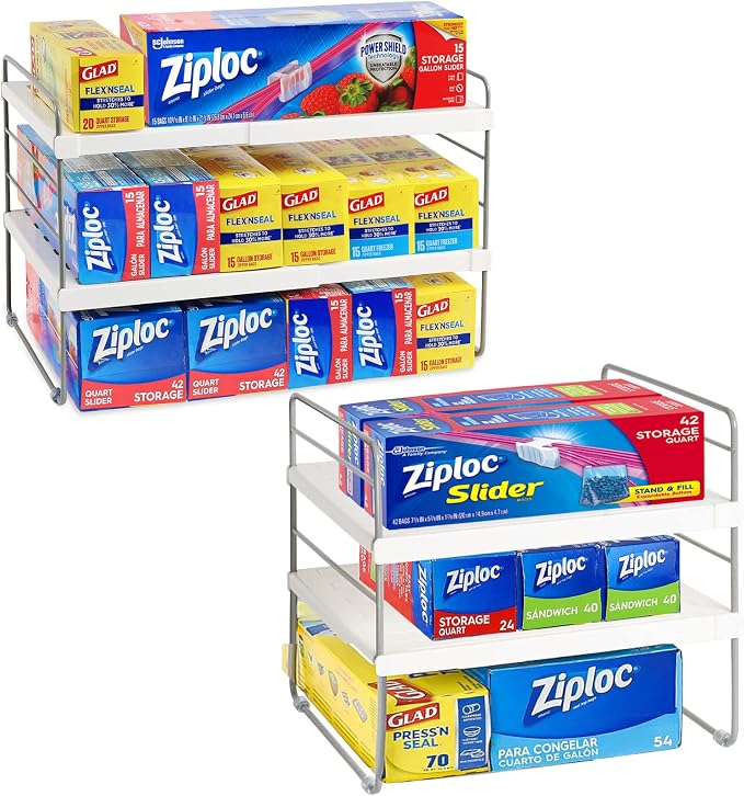 2 Pack Pantry Organization and Storage, Expandable Foil and Plastic Wrap Organizer, Adjustable Kitchen Wrap Organizer Rack for Cabinet, Foil Saran Wrap Holder Shelf for Sandwich Plastic Bags Box, by JUPELI