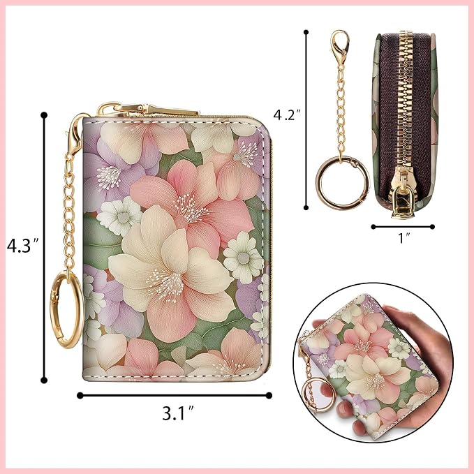 Blusabaca RFID Credit Card Holder Small Women Travel Wallet, Flower Floral | Removable Keychain, Case with Zipper, Vegan PU Leather, Cash Coin Pocket, Business Accordion Purse, Ladies Female Gift - Image 4