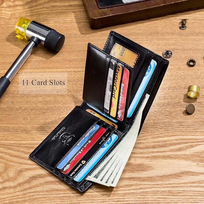 BULLCAPTAIN RFID Wallets for Men,Genuine Leather Wallet QB-05 (Black) | Slim,Bifold,Front Pocket Wallet, 2 ID Windows,11 Card Slots,RFID Blocking Technology,Gift Choice - Image 4