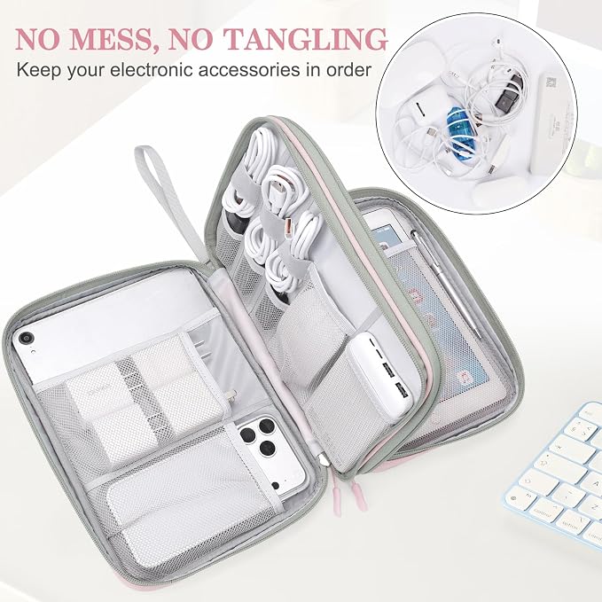FYY Electronic Organizer, Travel Tech Pouch Bag, Extra Large, Light Pink | Wrist Strap, Waterproof, Double Layers Electronics Travel Case for iPad, Cord, Laptop Charger, Daily and Business Trips Use - Image 5