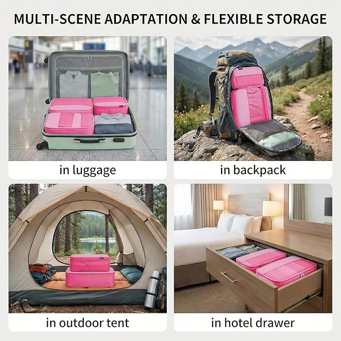 4 Piece Compression Packing Cubes for 3–7 Day Travel, Space Saving Travel Organizers with Breathable Mesh, Double-Zipper Packing Cubes for Carry-On & Suitcases (Pink) - Image 5