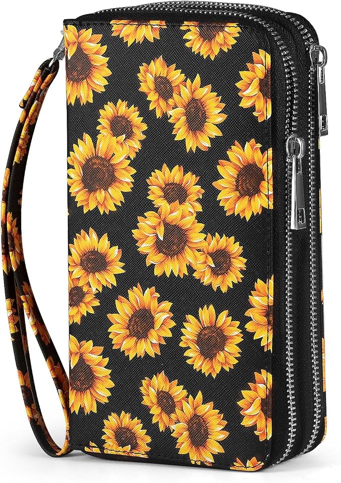 RFID Wallet for Women with Cellphone Pocket - Double Zipper Wristlet Purse Large Capacity, 17 Card Slots, Coin Pocket, Sunflower Print by HAWEE