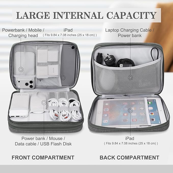 FYY Electronic Organizer, Travel Tech Pouch Bag, Extra Large, Dark Grey | Wrist Strap, Waterproof, Double Layers Electronics Travel Case for iPad, Cord, Laptop Charger, Daily and Business Trips Use - Image 3