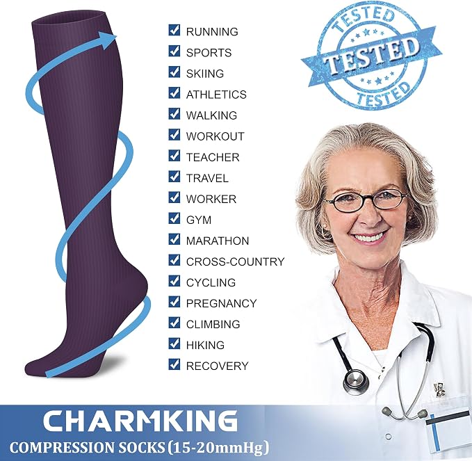 CHARMKING Compression Socks for Women & Men Circulation (8 Pairs) 15-20 mmHg Best Calf Socks Support for Athletic Cycling - Image 5