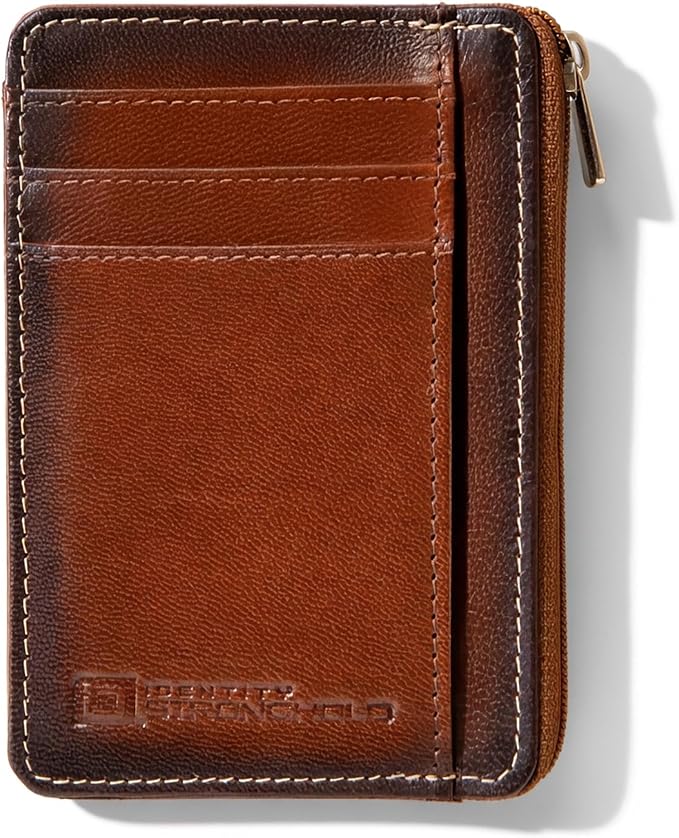 ID Stronghold RFID Blocking Front Pocket Wallet – Slim Minimalist Genuine Leather Wallet with Zipper Coin Pocket (Antiqued Brown) by IDStronghold