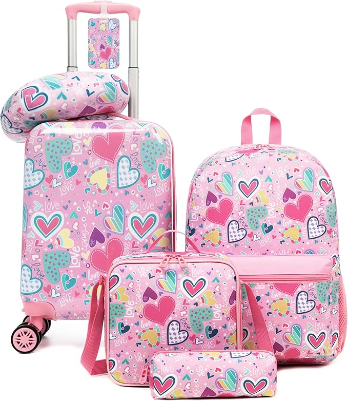 Kid's Luggage Set 5 Piece Suitcase Set 16" Hardside Luggage with Spinner Wheels Girls Carry on Toddler Travel Rolling Suitcase with Neck Pillow Airline Approved by Unknown