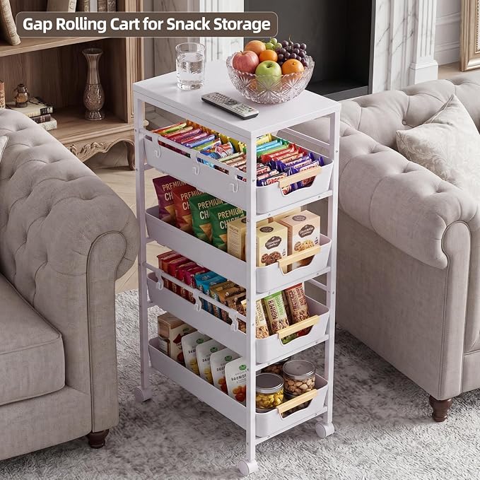 5 Tier Slim Rolling Storage Cart with Pull-Out Drawers, White | Narrow Utility Organizer Cart, Wooden Top, Wheels, For Small Spaces, Kitchen, Bathroom, Laundry Room - Image 8