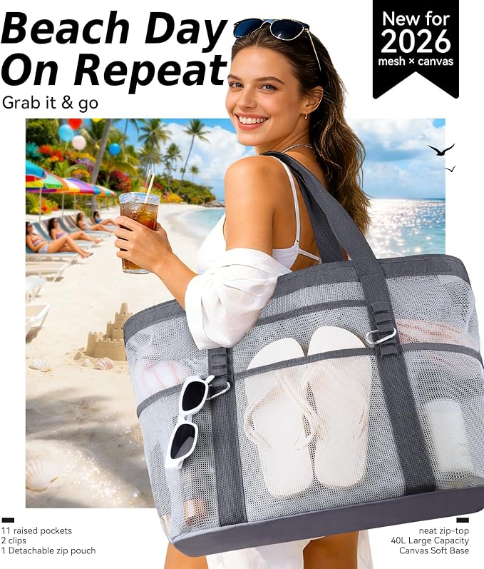 Chic Cruise Essentials Beach Bag for Women, Large Zip Top Tote, 11 Pockets | 40L+ Spacious;Mesh × Canvas;Zipper Pouch;Secure Zip-Top;Sand-Resistant Base - Image 2