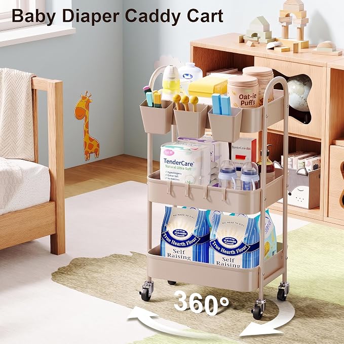 3 Tier Khaki Metal Utility Rolling Cart, Storage Cart with Lockable Wheels | Multifunctional Organizer Trolley with Mesh Storage Baskets and Handle for Kitchen, Office, Living Room, Laundry, Garage,Dorm - Image 2