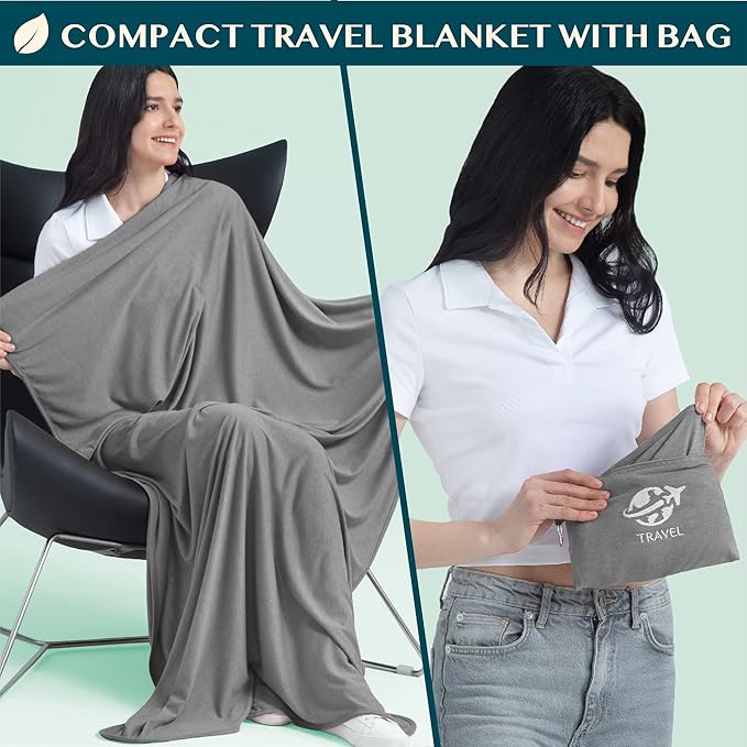 PAVILIA Soft Travel Blanket, Compact Airplane Blanket in Bag, Portable Blanket Pillow Set, Lightweight and Packable Plane Flight Car Trips Travel Home Office Gift Accessories, Gray, 65x40 inches - Image 2