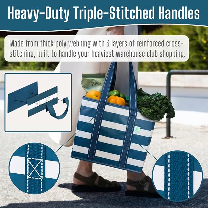 VENO 3 Pack Reusable Grocery Shopping Bags Utility Tote w/Sturdy Handles | Heavy Duty Storage Box with Hard Bottom, Foldable Picnic Basket for Groceries Shopping Cart(Classic Navy Stripe, 6 Gallon) - Image 3