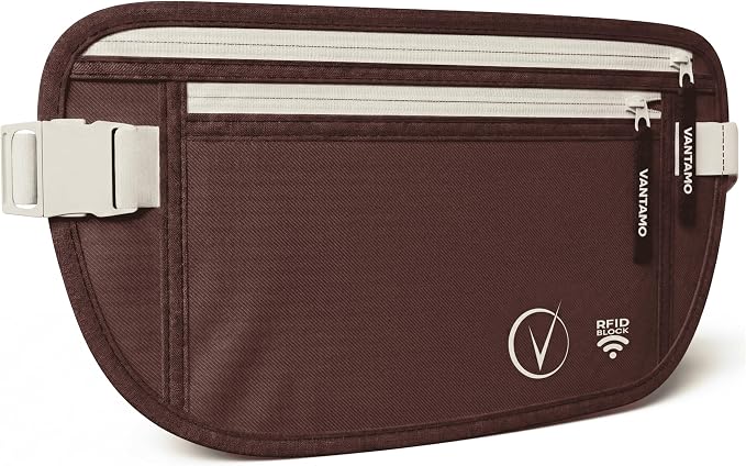 Vantamo Money Belt with RFID For Men & Women, Hidden Passport Holder for Travel, 2 Compartment Travel Fanny Pack for Women Anti Theft by Vantamo