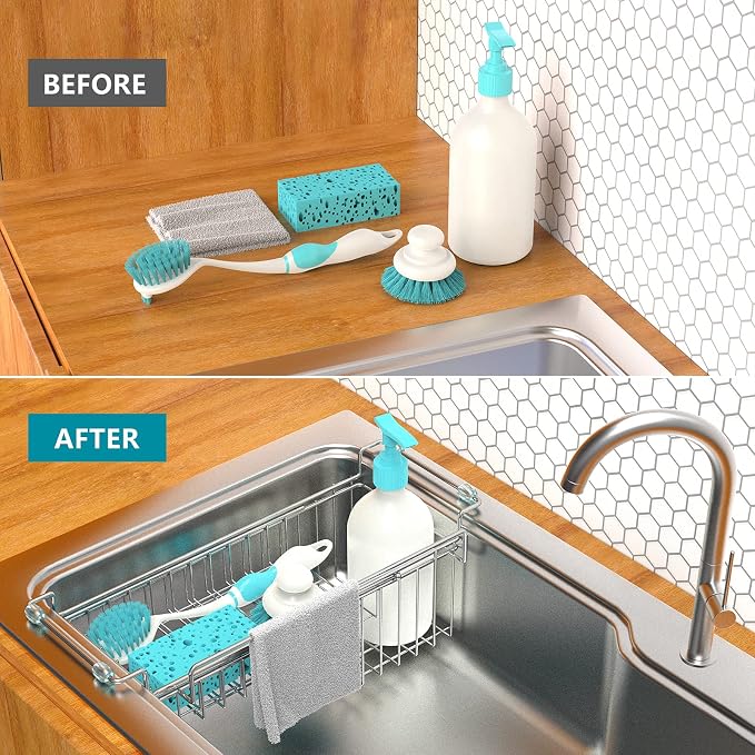 Over the Sink Caddy, Expandable Stainless Steel Sponge Holder for Kitchen Sink, 14.5-22 in Sink Organizer Rack for Sponge, Soap, Brush, Dish Cloth and Rag, Rust-Resistant Drying Holder - Image 7