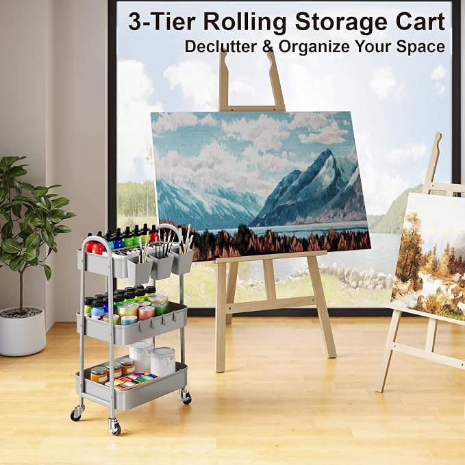 3 Tier Gray Metal Rolling Cart, Storage Cart with Handle & Lockable Wheels | Multifunctional Three Tiered Utility Organizer Carts for Kitchen, Office, Bathroom, Craft, Art,Snack,Baby Supplies,Mesh Shelf - Image 5