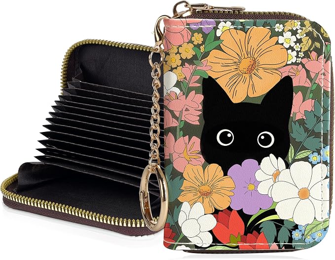 Credit Card Holder for Women,Small Rfid Wallet with Keychain Zipper,Cute PU Leather Card Case Wallet，Accordion Credit Card Wallets Gift,Colorful Flowers and Cats by Unknown