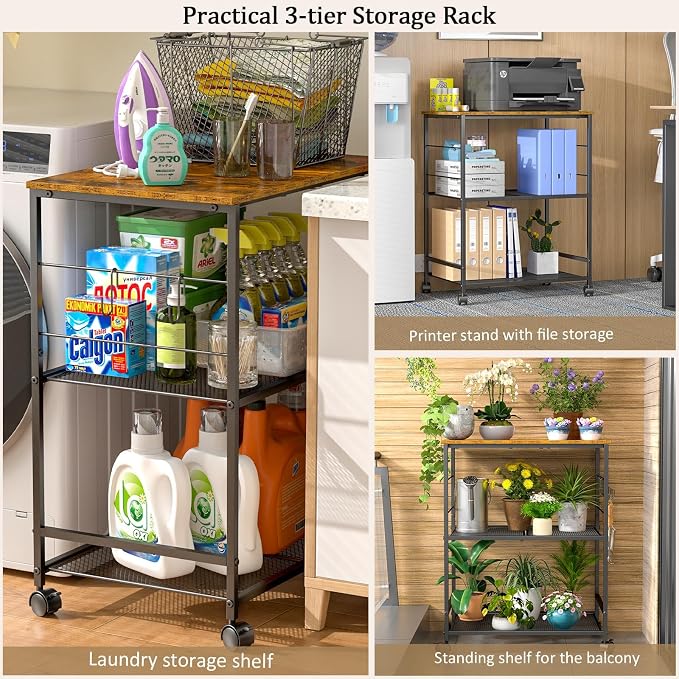 ThreeHio Rolling Kitchen Microwave Cart, 3 Tier Microwave Table Stand with Storage, Kitchen Utility Cart on Lockable Wheels, Small Coffee Cart Shelf Rack Organizer for Living Room Office, Balcony - Image 6