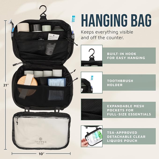TRIPPED Travel Gear 3-Piece Travel Toiletry Bag Set | Includes Hanging Toiletry Bag, 311 TSA Liquid Bag, and Accessory Organizer Pouch with Lightweight Ripstop Construction - Image 3