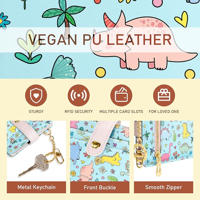 Jogjam Cute Dinosaur Rfid Girls Teen Women Wallet, Small Credit Card Holder | PU Leather Bifold Cash Zipper Coin Pocket ID Window, for Female Ladies Teen Girls Girly Gifts - Image 6