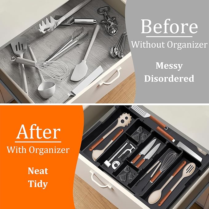 Large Utensil Drawer Organizer Expandable Silverware Organizer for Kitchen Drawer Adjustable Cooking Utensil Holder Cutlery Flatware Tray Spatula Tools Gadgets Storage Dividers Plastic Black - Image 4