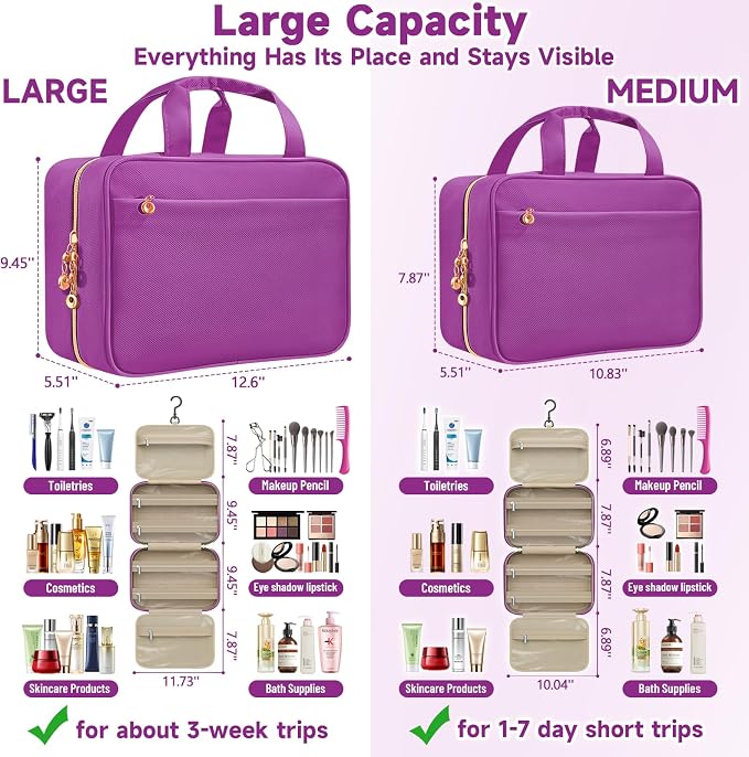 Travel Toiletry Bag for Women, Hanging Makeup Organizer Clear Pockets | Large Hanging Travel Organizer with Compartments, Front Pocket, Fits Full-Size Skincare, Makeup & Toiletries(Purple, Medium) - Image 3