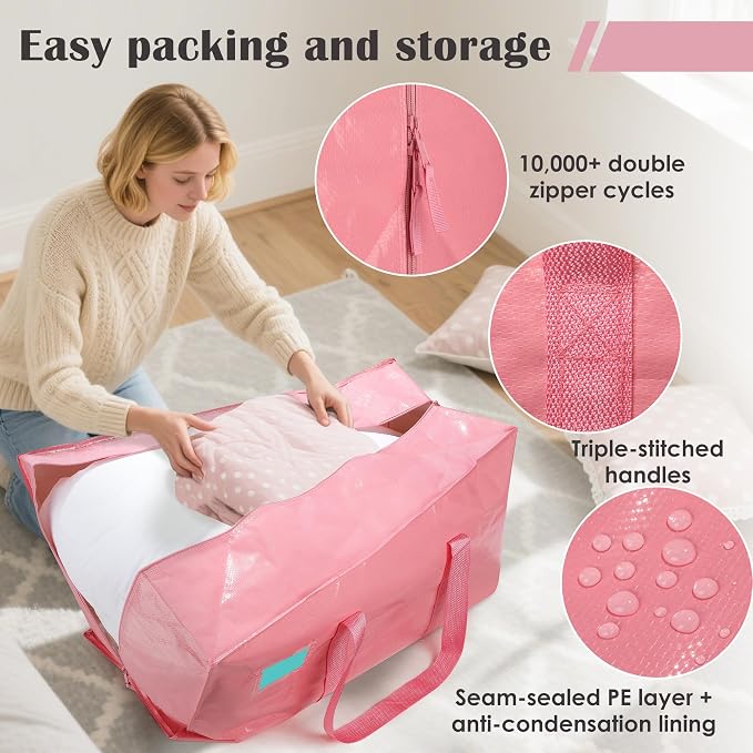 12 Pack Moving Bags with Full-Open Side Zipper, Extra Large 93L Heavy Duty Waterproof Foldable Storage Totes for College Dorm, Moving & Home Organization Pink - Image 3