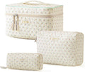 HBselect Quilted Makeup Bag, 3Pcs Cotton Large Travel Makeup Bags Organizer | Cute Floral Make up Bag Cosmetic Bag Toiletry Bag for Women Girls, Makeup Pouch for Skincare, Brushes & Travel Essentials by HBselect