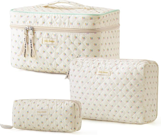 HBselect Quilted Makeup Bag, 3Pcs Cotton Large Travel Makeup Bags Organizer | Cute Floral Make up Bag Cosmetic Bag Toiletry Bag for Women Girls, Makeup Pouch for Skincare, Brushes & Travel Essentials by HBselect